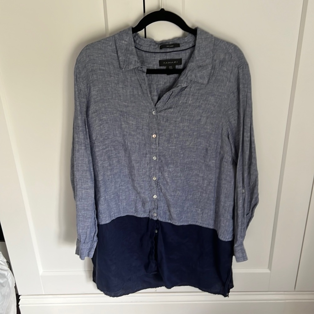TAHARI Linen colorblock button down tunic shirt dress
